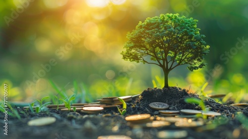 Tree growing from coins on soil with sunlight - Concept image showing investment growth with a tree sprouting from coins in rich soil and golden sunlight photo