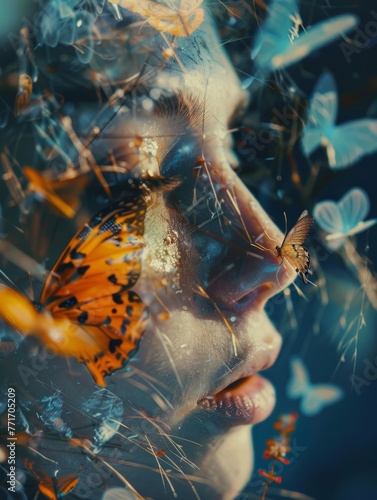 Artistic Portrait with Butterflies - Surreal portrait with woman and butterflies in vibrant tones
