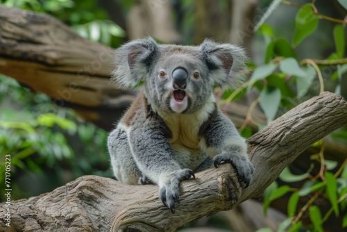 Koala Sitting on Tree Branch Yawning