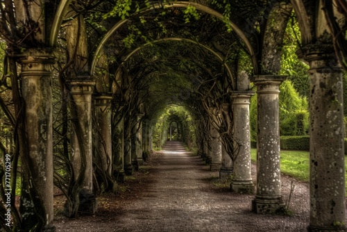 Enchanting garden archway with creeping vines - A captivating garden pathway under a romantic archway wrapped in vines, invoking a sense of nostalgia and enchantment