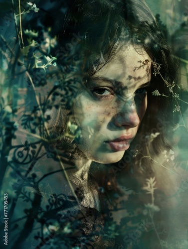 Mysterious girl with shadowy floral overlay - A haunting image of a young girl with shadows and flora overlaid  creating a sense of confusion or entrapment