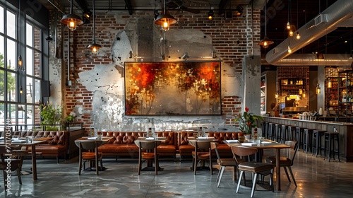Urban Restaurant With Large Painting. Generative AI photo