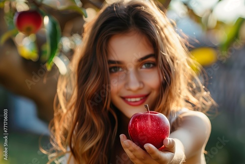 Beautiful woman extending her hand with an apple towards viewer.