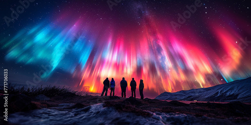 friends watching colorfur auroras. Image with copyspace © Susana