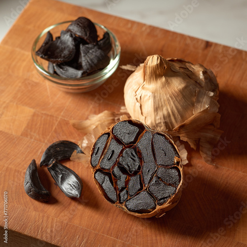 Black Garlic on cutting board