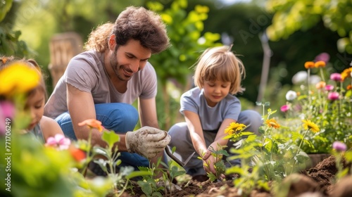 A happy family enjoying leisure time, picking beautiful flowers in a natural landscape surrounded by plants, trees, and grass. AIG41