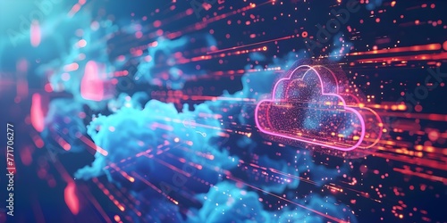 Captivating Image of Interconnected Digital Nodes in a Cloud Network Against a Dynamic Background. Concept Cloud Computing, Network Infrastructure, Digital Technology, IT Innovation photo