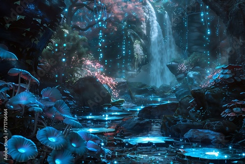 : A magical forest path lined with bioluminescent mushrooms, leading towards a hidden waterfall.
