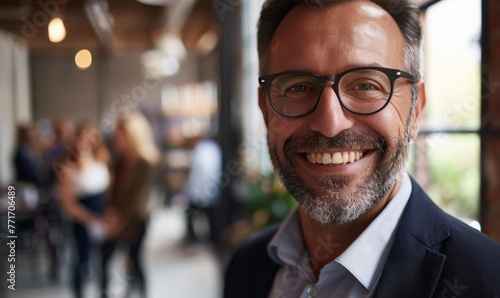A businessman wearing eyeglasses smiles confidently at the camera in an office setting  with colleagues blurred in the background  depicting professionalism and teamwork