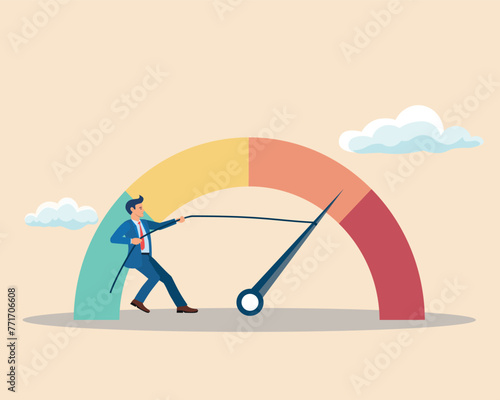 Reduce risk level or decrease stress anxiety meter, lower danger indicator or scale, reduce from red alert meter to be green chart concept, pull meter to reduce risk or stress level