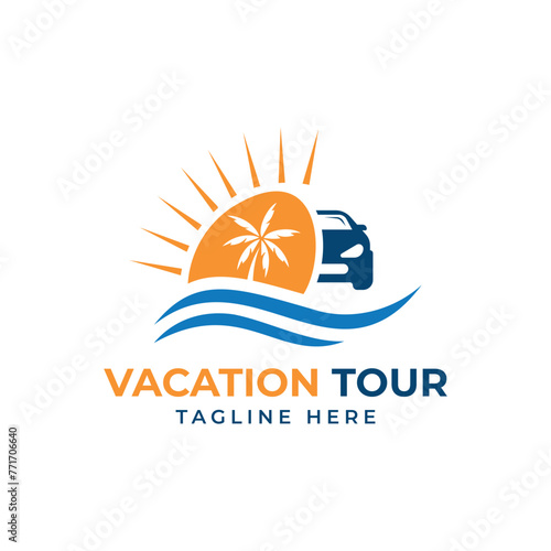Vacation tour car beach palm tree logo design vector template