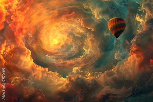 : A majestic hot air balloon soaring through a vibrant sky filled with swirling clouds in impossible colors. photo
