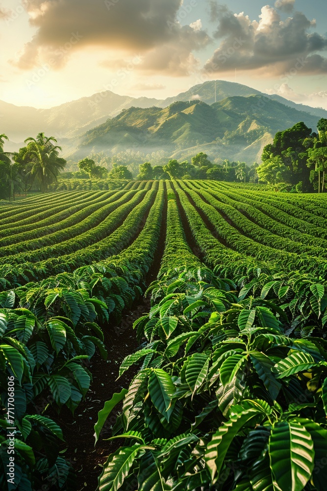 Fototapeta premium Coffee plantation, panoramic view, bean to cup for a rich food industry wallpaper , octane render