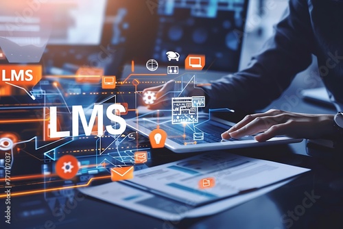 Learning Management System (LMS) for lesson and online education, course, application, study, e learning, knowledge everywhere and every time. LMS icon, online learning, smart education. Generative AI photo