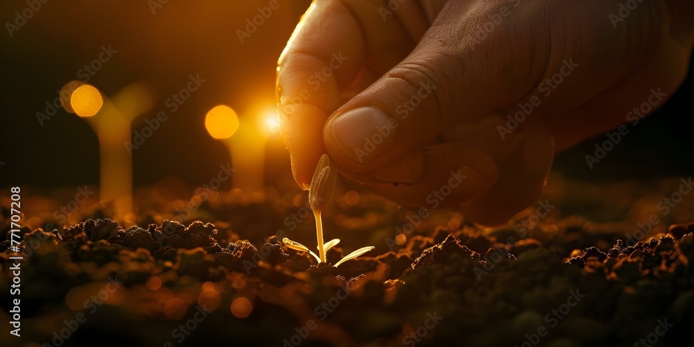 Symbolism of growth and abundance in the cycle of life: Person sowing seeds in fertile soil. Concept Growth, Abundance, Cycle of Life, Sowing Seeds, Fertile Soil - obrazy, fototapety, plakaty 