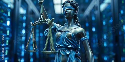 Closeup of scales of justice in blue neon light reflecting in a data center. Concept Legal Symbol, Technology Fusion, Neon Lighting, Data Center, Justice & Innovation © Ян Заболотний
