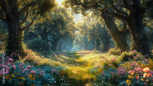 beautiful fairytale enchanted forest with big trees and great vegetation. Digital painting background