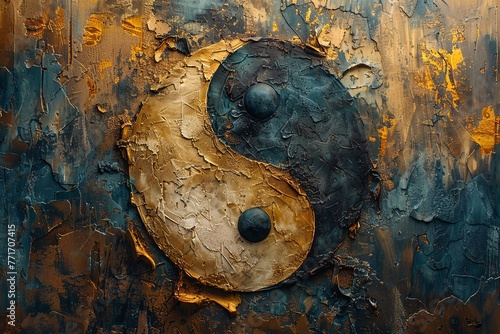 Yin and yang symbol in gold and black painted with strokes of oil paint