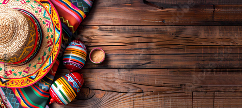 Beautiful Mexican sombrero and maracas on wooden background