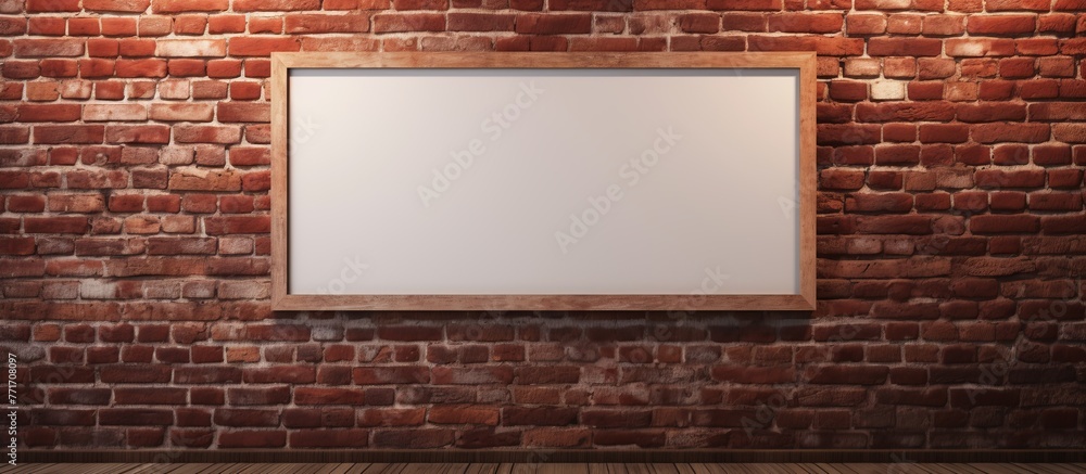 A brown rectangle picture frame hangs on a brick wall, blending with the brickwork. The wood frame adds symmetry and contrast in tints and shades against the background A brown rectangle picture frame hangs on a brick wall, blending with the brickwork. The wood frame adds symmetry and contrast in tints and shades against the background