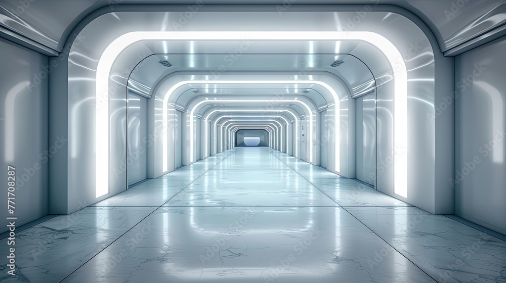 Obraz premium Futuristic chamber with glowing circular platform. Generative AI