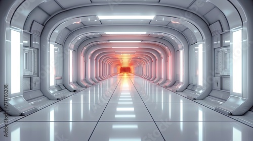 Futuristic chamber with glowing circular platform. Generative AI
