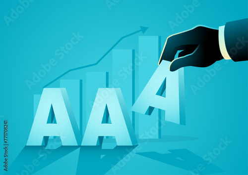 AAA rating achievement, vector illustration of hand placing the letter A on rising bar graph