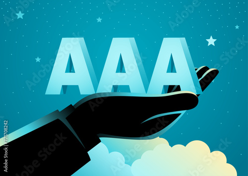 Hand elevating the esteemed AAA symbol amidst a backdrop of twinkling stars. Symbolizing the creditworthiness and investment prestige, this illustration inspires aspirations for success in finance.