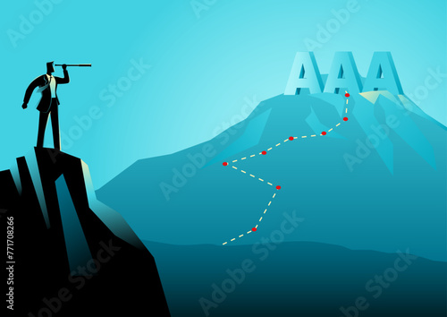 Businessman gazes through a telescope, his vision set on the AAA symbol on a mountain peak. This symbolizes the pursuit of unparalleled excellence and success in the financial landscape