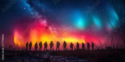 friends excurion watching colorful  auroras. Image with  copyspace © Susana