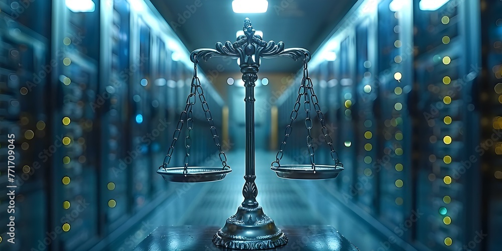 Law scales background in a data center symbolizing justice and jurisprudence in the modern world. Concept Data center, Justice, Jurisprudence, Law scales, Modern World - obrazy, fototapety, plakaty 