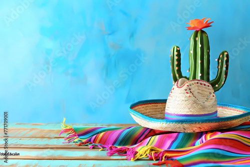 Cinco de Mayo holiday background with cactus in sombrero hat