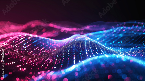 Visualization of a data network using light blue and pink dots arranged in a wavy field, abstract background created with generative AI technology 