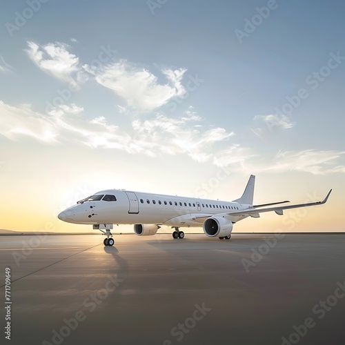 Sleek Embraer 190 aircraft in side profile view capture. Private jet airplane isolated against scenery sundown background. Generative AI