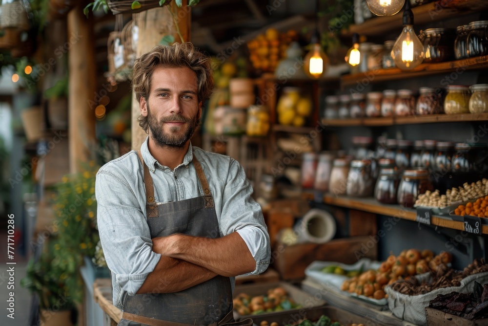 Confident male chef poses with folded arms in a market full of fresh produce and rustic decor