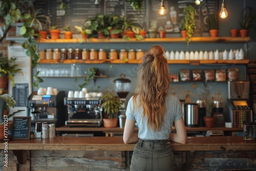Young redhead female employee standing patiently behind the wooden counter of a rustic style coffee house with plants