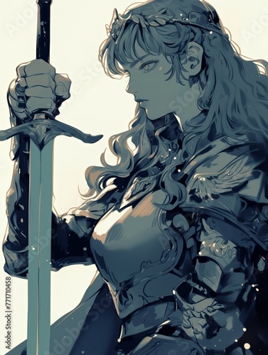portrait of knight woman honding a sword,with a sadness photo