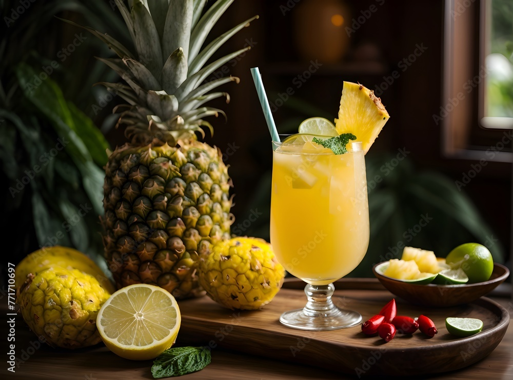 tropical feel pineapple mocktail with raspberry and mint accents tropical feel pineapple mocktail with raspberry and mint accents
