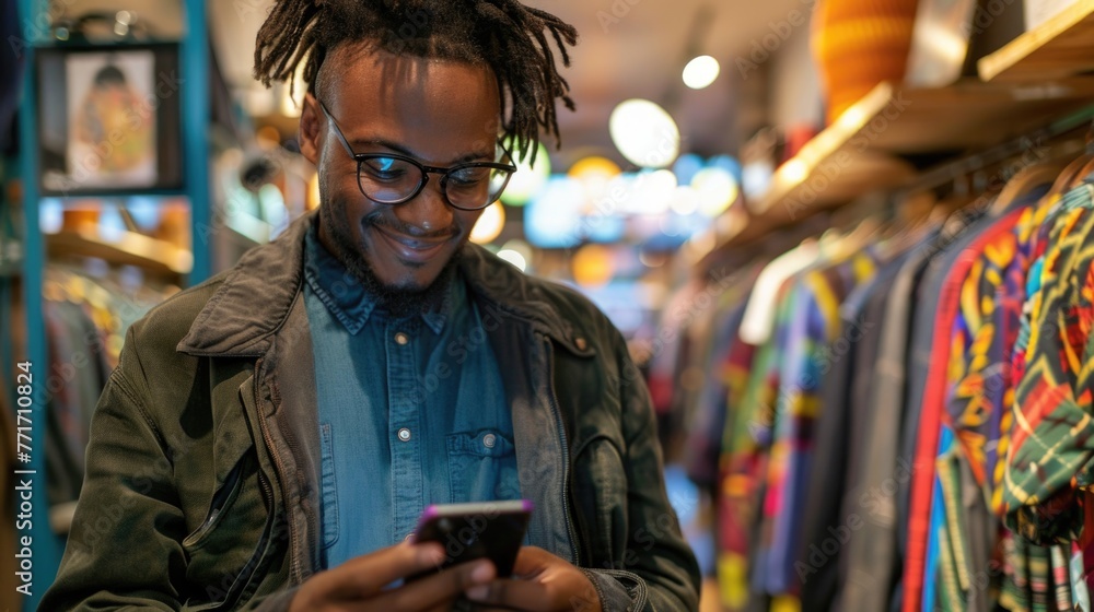 Young male business owner using smart phone in clothing boutique Young male business owner using smart phone in clothing boutique
