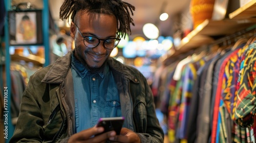 Young male business owner using smart phone in clothing boutique