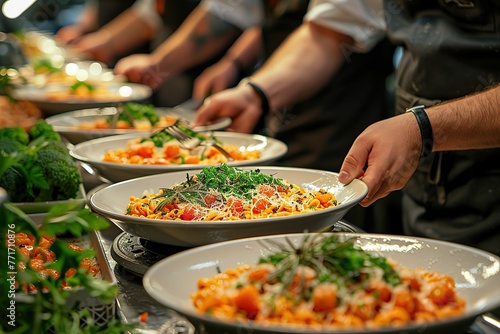 A photo of staff carrying plates with delicious dishes at an event