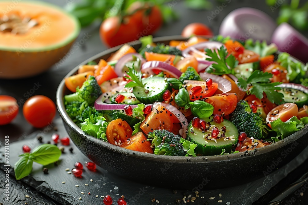 A vibrant salad with colorful vegetables in an elegant black pan