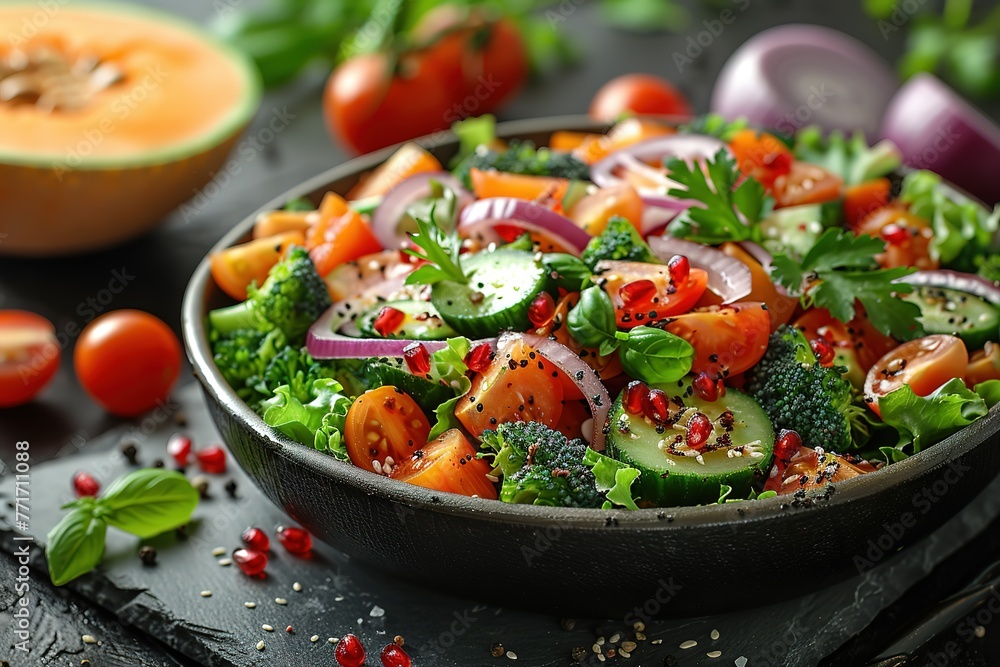 A vibrant salad with colorful vegetables in an elegant black pan A vibrant salad with colorful vegetables in an elegant black pan