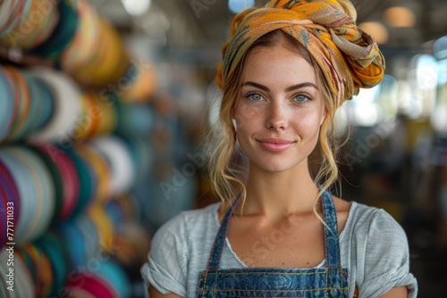 A striking blue-eyed woman with a headscarf posing amid colorful yarn in a craft shop photo