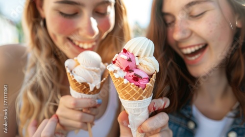Close up friends eating ice cream cones