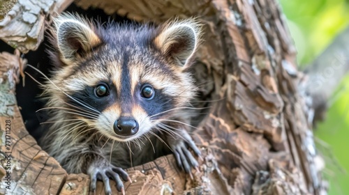  A small raccoon emerges from a hole in the trunk, gazing through its lair