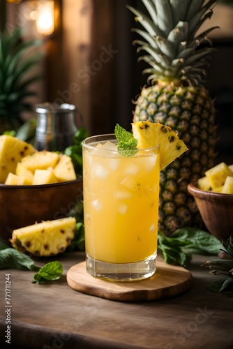tropical feel pineapple mocktail with raspberry and mint accents