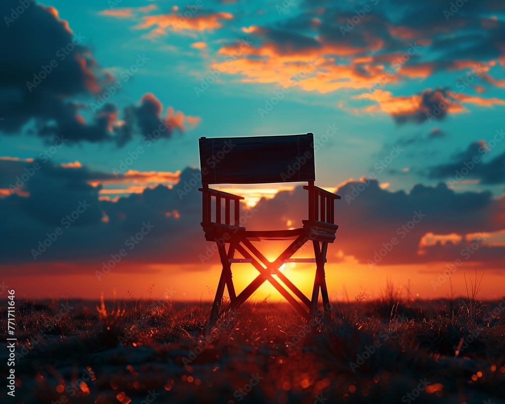 Directors chair silhouette, sunset, wide view for an iconic industry wallpaper , octane render