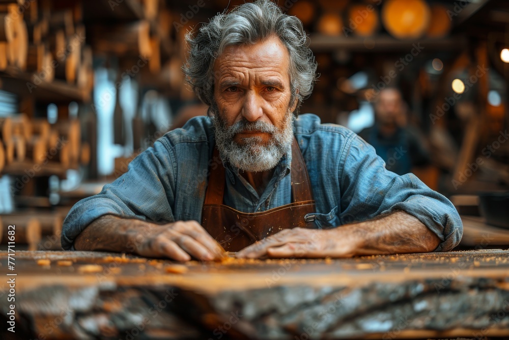 A pensive senior craftsman examines his woodwork in a traditional workshop setting A pensive senior craftsman examines his woodwork in a traditional workshop setting