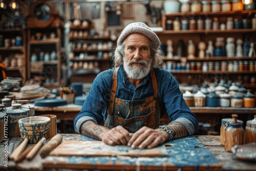 A skilled potter crafts a ceramic piece with focus and expertise in his pottery studio